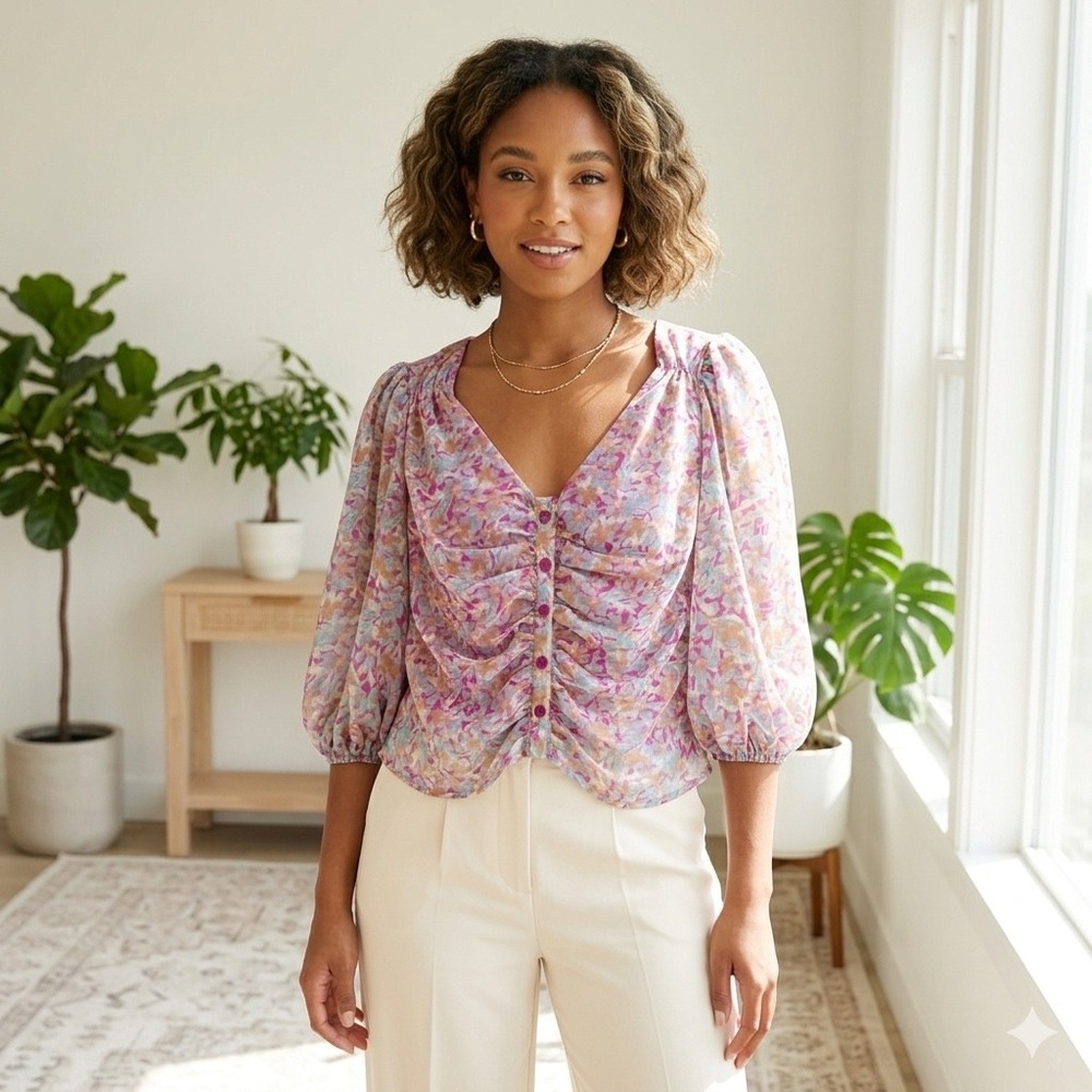 Lush‎ Pink Floral Ruched Front Button Up V-Neck Blouse Womens Medium Romantic
